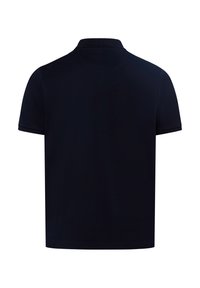 Navy-blaues Polo-Shirt aus Baumwolle mit klassischem Kragen, kurzen Ärmeln und subtilen gerippten Akzenten am Halsauschnitt und an den Ärmeln.
