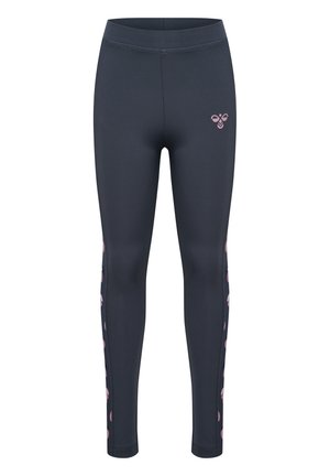 Ciemnoszare legginsy na cały długość z różowym logo pszczoły na górnej części uda i różowym wzorem pszczoły wzdłuż zewnętrznych szwów nóg.