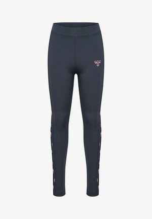 Ciemnoszare legginsy na cały długość z różowym logo pszczoły na górnej części uda i różowym wzorem pszczoły wzdłuż zewnętrznych szwów nóg.