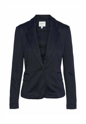 Blazer blu navy realizzato in tessuto liscio con colletto a punte, chiusura con un bottone e due tasche frontali. Design minimalista, vestibilità sartoriale.