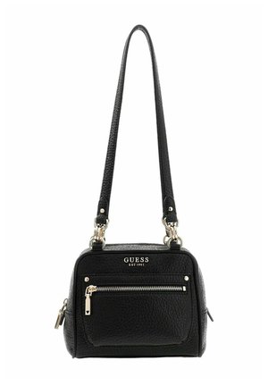 Zwarte leren handtas met een gestructureerd oppervlak, gouden hardware, een voorvak met ritssluiting en een enkele verstelbare schouderriem.