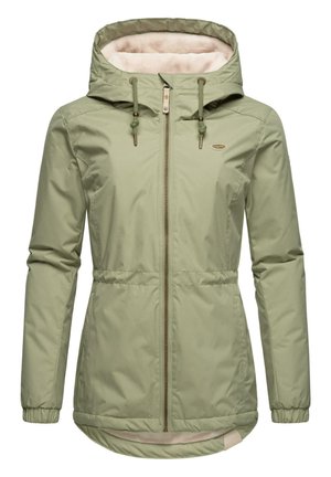 Light green jacket with a zip front, adjustable hood, elastic cuffs, and a soft cream lining. Features gold-tone hardware and a drawstring waist.