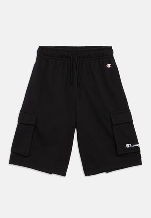 Black mid-length cargo shorts with elastic waistband, drawstrings, two side flap pockets, and small embroidered Champion logos on front.