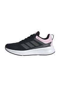 Schwarze Sportschuhe mit einem Obermaterial aus Mesh, rosa Akzenten und drei grauen Streifen. Verfügt über eine weiße Zwischensohle und eine strukturierte Gummisohle.