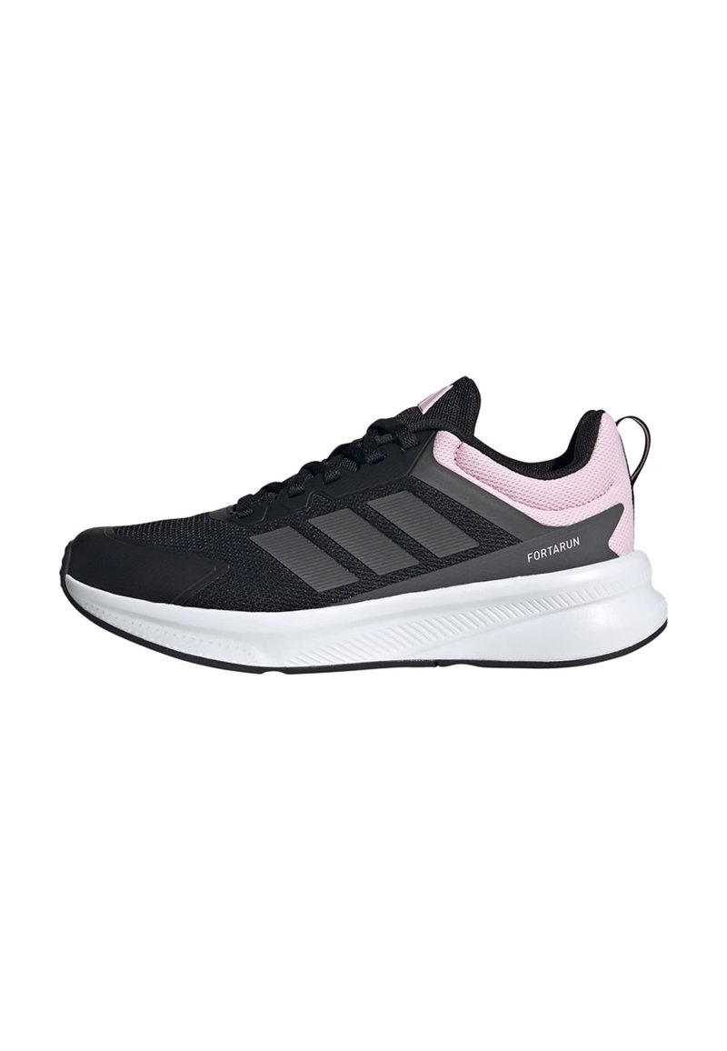 Schwarze Sportschuhe mit einem Obermaterial aus Mesh, rosa Akzenten und drei grauen Streifen. Verfügt über eine weiße Zwischensohle und eine strukturierte Gummisohle.