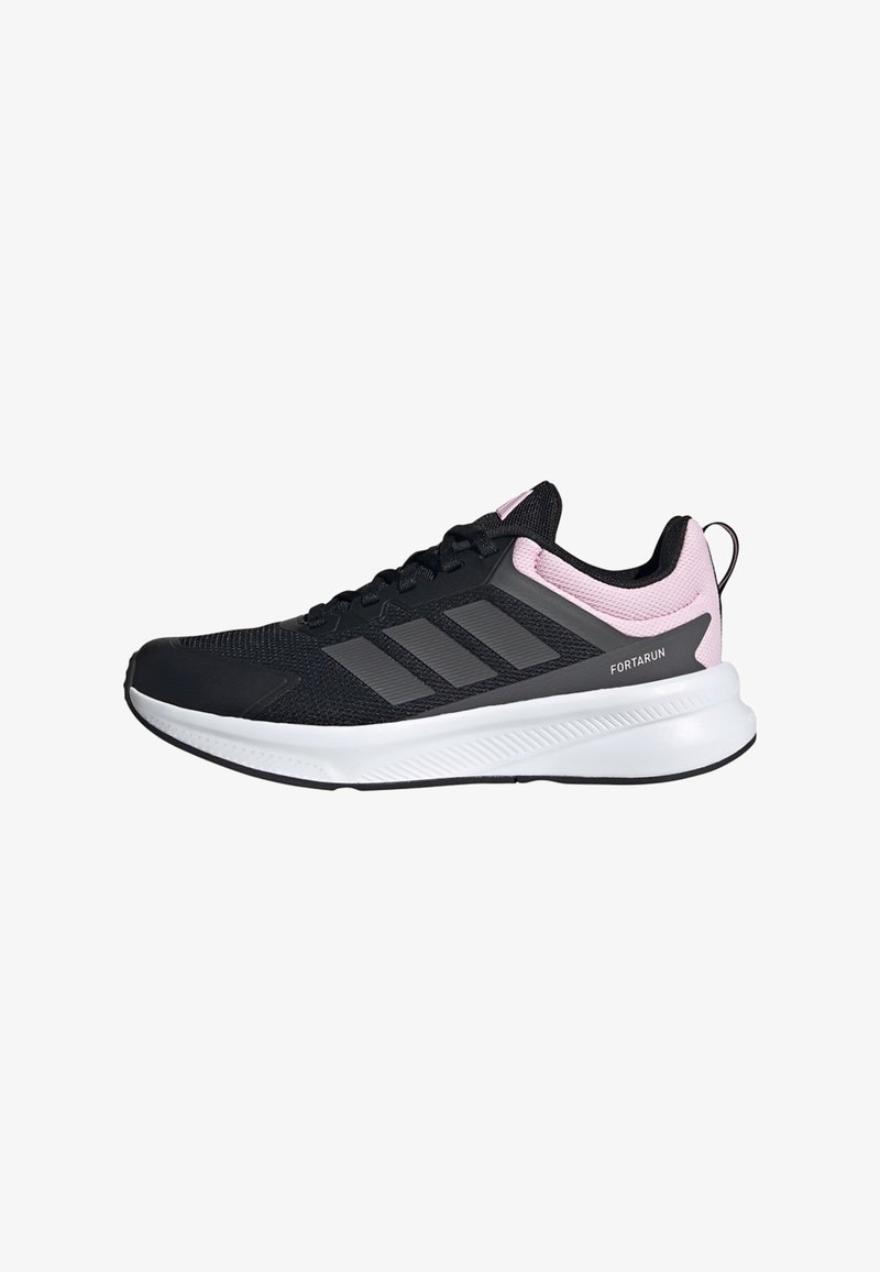 Black athletic shoes with a mesh upper, pink accents, and three gray stripes. Features a white midsole and textured rubber outsole.