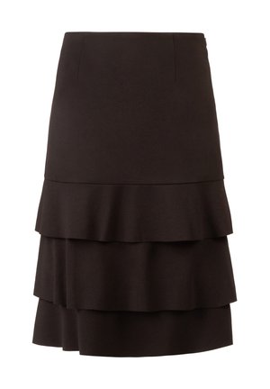 Black tiered skirt made of a structured fabric. Features three ruffled layers and a fitted waist with no visible closures or embellishments.