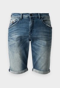 Blå denimshorts med uppvikta fållar, frontknapp och blixtlås, sidfickor och subtila tvättdetaljer i blekt utförande.