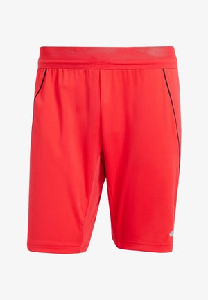Røde sportsshorts med en mesh-linning, sorte sideaccenter og en glat tekstur. Designet til komfort og bevægelighed under sport.