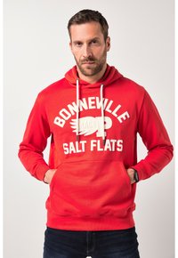 Felpa con cappuccio in cotone rosso dotata di tasca frontale a marsupio, coulisse e testo bianco con la scritta "BONNEVILLE RACE SALT FLATS." Tessuto morbido, vestibilità standard.
