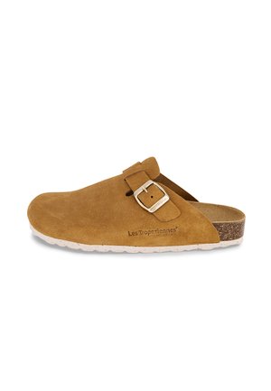 Brown suede slip-on clog with a single adjustable buckle, cork midsole, and textured rubber outsole. Features embossed brand logo.