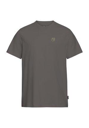 Grijs katoenen T-shirt met korte mouwen, een losse pasvorm en een klein geel pootafdruklogo op de borst.