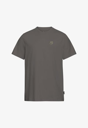 Grijs katoenen T-shirt met korte mouwen, een losse pasvorm en een klein geel pootafdruklogo op de borst.