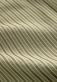 Tissu vert olive clair avec de fines rayures blanches, présentant une texture lisse et un éclat subtil, drapé pour mettre en valeur sa nature douce et fluide.