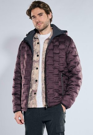 Junger Mann mit hellbraunen Haaren, der eine dunkelviolette gesteppte Jacke über einem gemusterten Hemd und weißem T-Shirt trägt, mit dunkler Hose, vor hellem Hintergrund stehend.