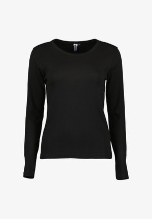 Černé tričko s dlouhým rukávem vyrobené z žebrované látky, s kulatým výstřihem a přiléhavým střihem, se slušivými rukávy rovného střihu.