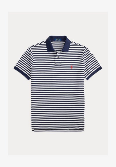 Navy and white striped short-sleeve polo shirt with navy collar and red embroidered logo on the left chest.