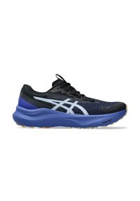 Zapatilla deportiva negra y azul con parte superior de malla transpirable, acentos de logo blanco, entresuela gruesa y suela de goma texturizada para tracción.