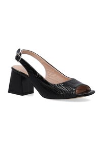 Sort, peep-toe slingback sko med struktureret mønster, bred blokhæl og en justerbar spænde-rem for en sikker pasform.