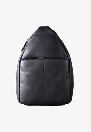 Black leather backpack with a distinctive triangular shape and textured surface. Features a front pocket and zip closure. Minimalist design.