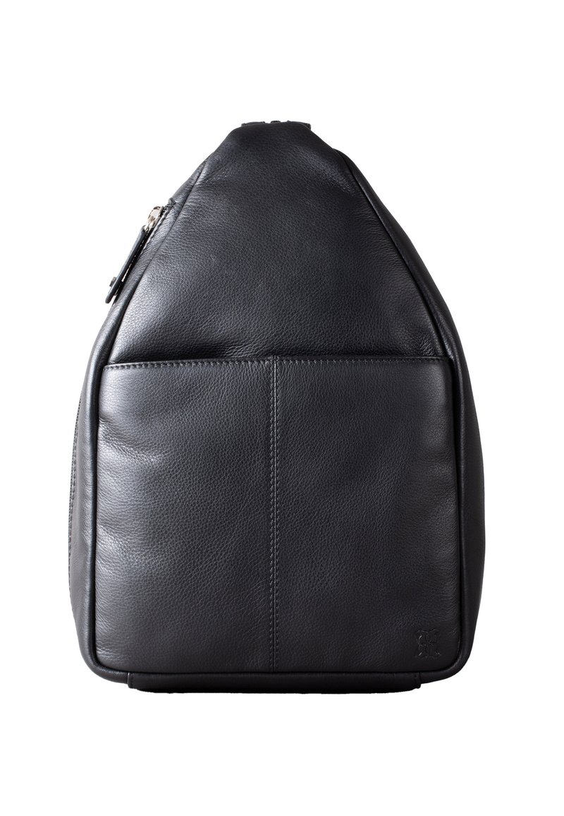 Black leather backpack with a distinctive triangular shape and textured surface. Features a front pocket and zip closure. Minimalist design.