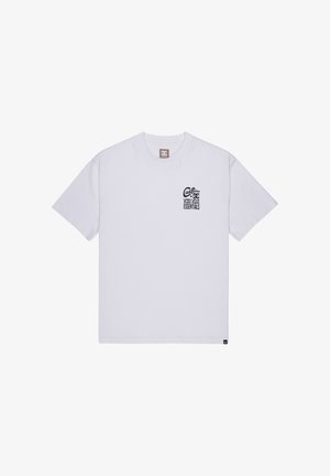 White cotton t-shirt with short sleeves, crew neck, and small black graphic text on the left chest, featuring "Custom Work Wear Essentials."