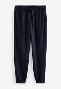 Marineblå joggerbukser med tekstur, elastisk taljebånd, snoretræk, sidelommer og elastiske manchetter.
