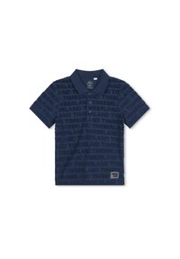 Polo marine avec un motif en relief "TIMBERLAND", manches courtes, col, et patte de boutonnage à trois boutons. Il présente un patch logo sur l'ourlet.