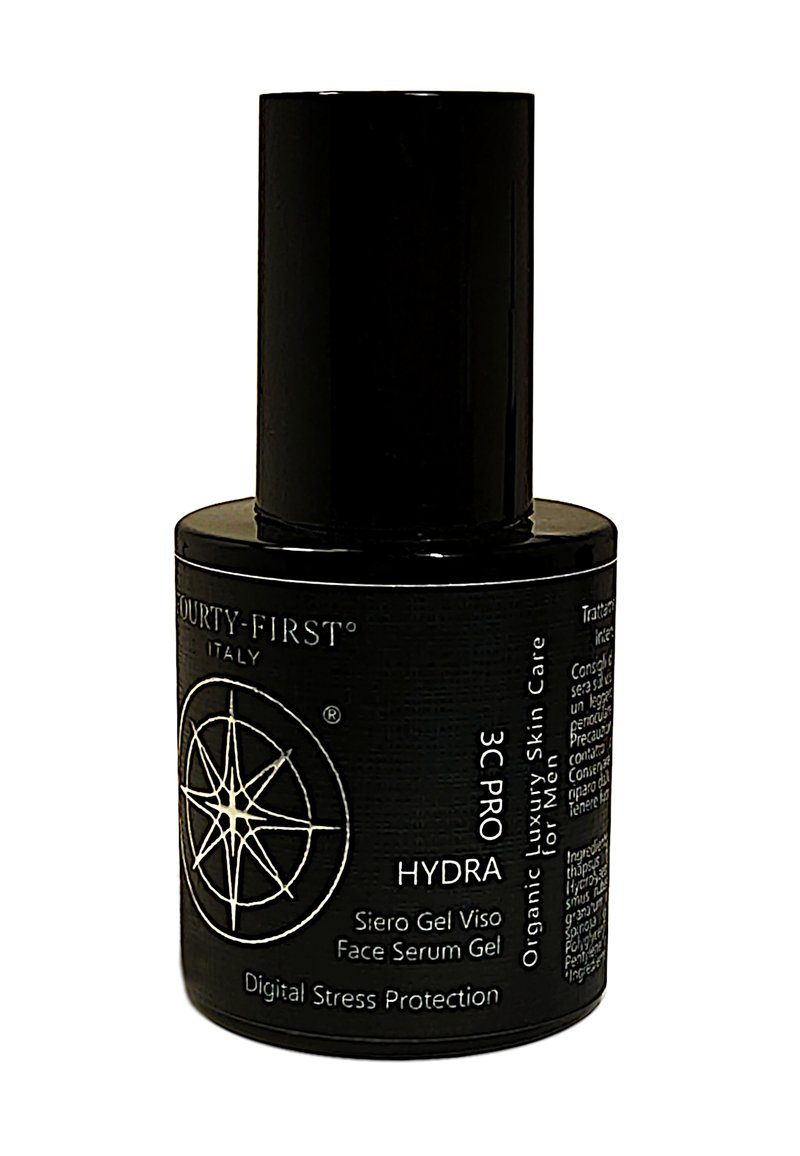 Zwarte cilindrische fles met een matte afwerking, gelabeld "HYDRA" en "3C PRO", met witte tekst en een spinnenwebgrafiek.