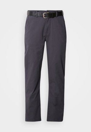 Sorte bomulls bukser med rett snitt, med to frontlommer og belte. Stoffet har en glatt tekstur og en matt overflate.