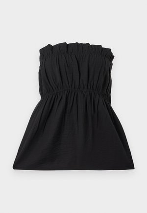 Schwarzes trägerloses Kleid mit elastischem Oberteil und gerafftem Textur, das in eine lockere Passform übergeht. Hergestellt aus leichtem, weichem Stoff.