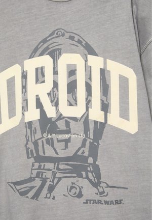 Sweat-shirt gris avec un grand graphisme de la tête du droïde C-3PO de Star Wars et un texte crème en gras épelant partiellement "DROID".