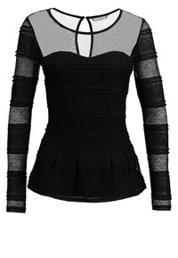 Haut noir à manches longues avec une empiècement en maille transparente, un corsage texturé et un ourlet peplum. Présente des motifs rayés horizontaux et un détail de dos en clé.
