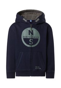Felpa blu navy con zip, realizzata in morbido cotone con fodera interna grigia, caratterizzata da un logo circolare e testo sull'orlo. Inclusi taschini frontali.