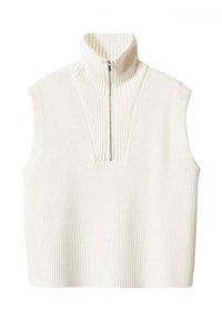 Witte, mouwloze, hoogsluitende trui met ritssluiting. Heeft een geribbelde textuur en een diepe V-inzet aan de voorkant, voor een gestructureerde uitstraling.