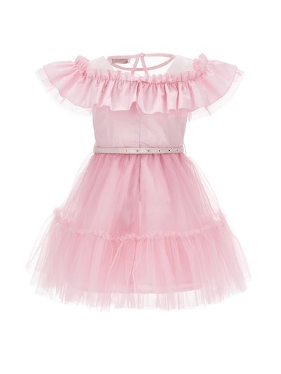 Pink dress with ruffled off-shoulder design, a fitted bodice, and a layered tulle skirt. Features a tie closure and a decorative belt.