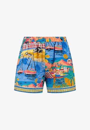 Spalvingi maudyklės šortai su gyvybinga pajūrio spauda, vaizduojančia laivus, namus ir palmės. Elastinga juosmens juosta su tekstūruota, lengva medžiaga.