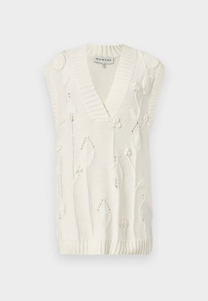 Pull sans manches en maille blanche avec col en V, bords côtelés et détails de broderie florale sur l'ensemble. Texture douce avec une coupe décontractée.