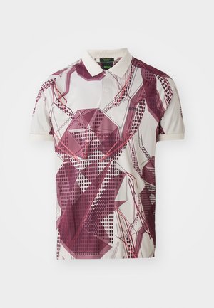 Polo a maniche corte con un motivo grafico geometrico viola e bianco, colletto e tessuto testurizzato.