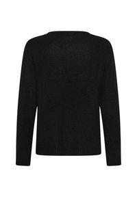 Czarny sweter z dzianiny o luźnym kroju, okrągłym dekolcie, długich rękawach oraz ribbowanym wykończeniu przy mankietach i dolnym obszyciu.