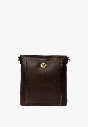 Sac à épaule en cuir brun avec une texture lisse, doté d'un fermoir en métal doré et de détails de couture le long des bords.