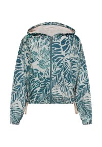 Leichte Kapuzenjacke mit durchgehendem Frontreißverschluss, die ein blau-grünes tropisches Blattmuster und elastische Bündchen aufweist.