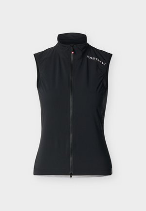 Must musta sõbrunutu rattavest täis esilukuga, kõrge krae ja valge "Castelli" logoga paremal õlal.