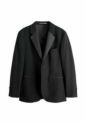 Black blazer with notch lapels, single button closure, two front pockets, and textured fabric. Features a smooth satin accent on lapels.