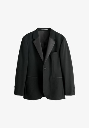 Black blazer with notch lapels, single button closure, two front pockets, and textured fabric. Features a smooth satin accent on lapels.