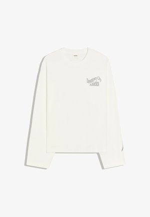 Camicia bianca a maniche lunghe con collo tondo e testo grigio "Downtown City Athletics" sulla parte sinistra del petto.