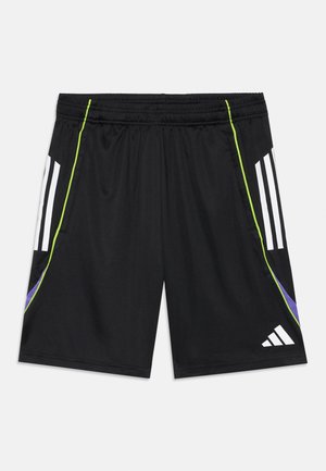 Shorts de sport noirs avec des rayures blanches sur les côtés, un passepoil vert fluo, des accents violets, et un logo Adidas blanc sur la cuisse droite.