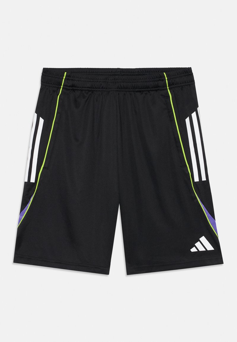 Mustard värvi sportlikud lühikesed püksid valgete triipudega külgedel, neoonrohelise äärisega, lillakate aktsentidega ning valge Adidas logo ees paremal jalal.