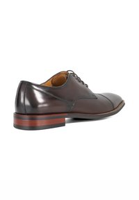 Brown leather dress shoe with a smooth finish, rounded toe, and decorative stitching. Features a stacked heel with red accents.