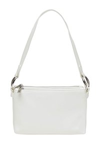 Borsa a tracolla in pelle bianca con tasca con cerniera, forma rettangolare piatta e una tracolla sottile attaccata con accessori in argento.